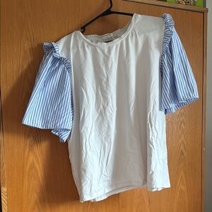 White Top with Blue Striped Sleeves